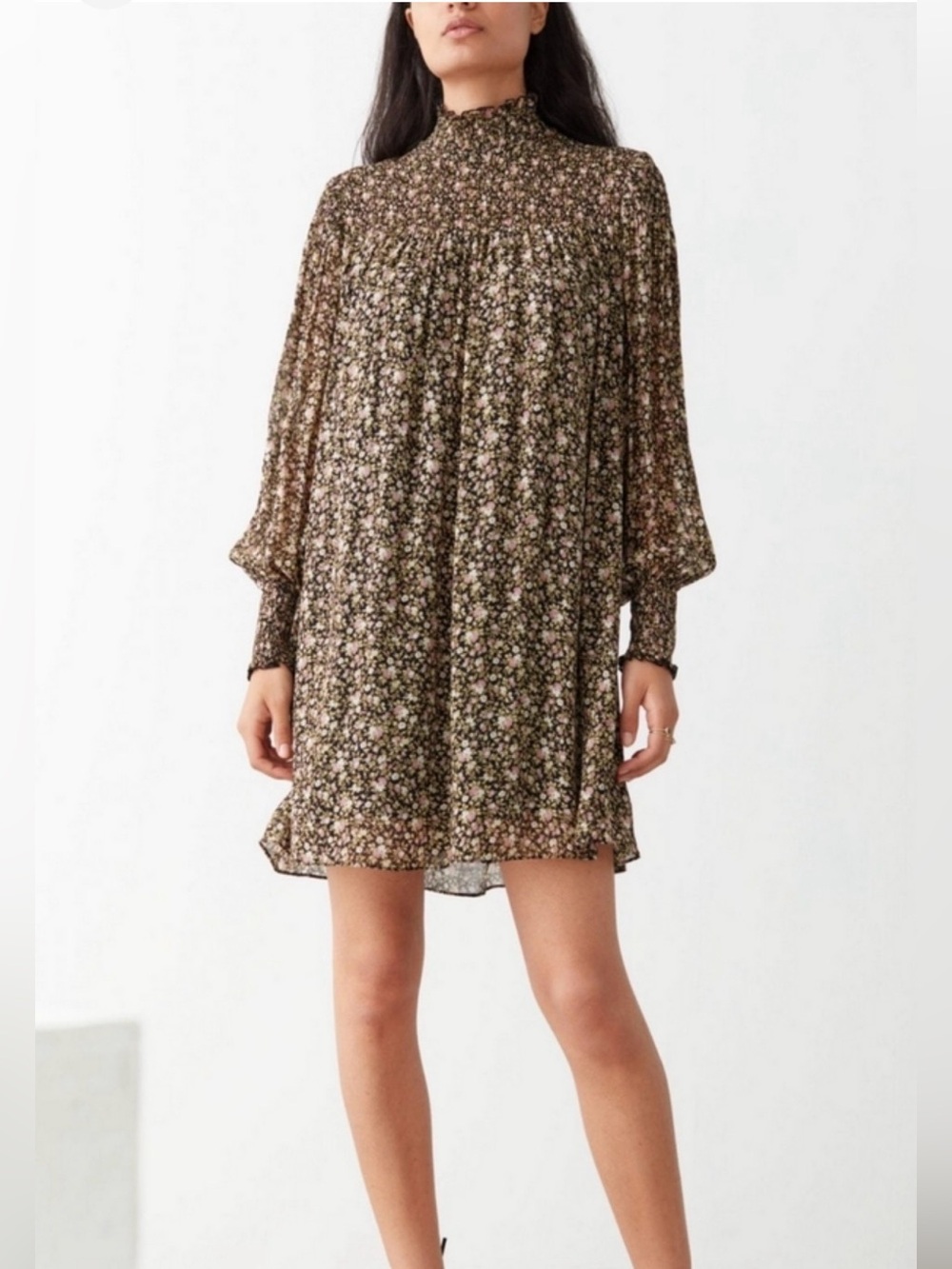 Brown Floral Long-Sleeve Midi Dress with Pink Blooms